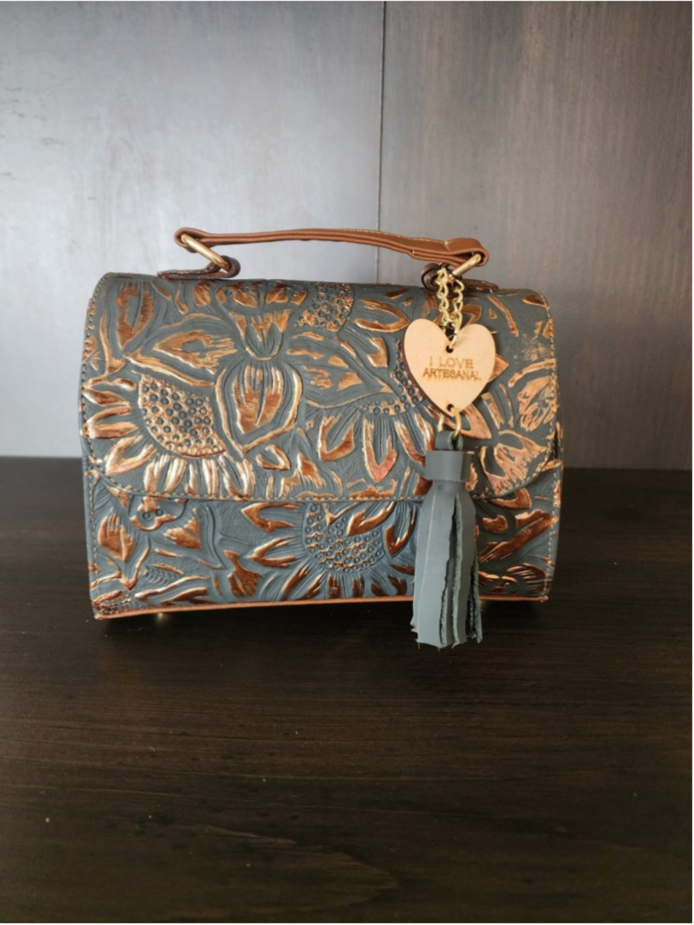 Grayish Navy Blue GOLD Sunflower Embossed Tooled Artisan Leather Crossbody Purse - Picture 5 of 16